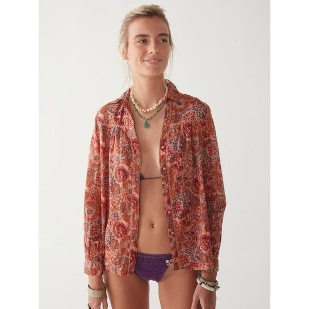 Maison Hotel Floral Bob Button Down Shirt Womens M Terracotta Boho Lace Trim